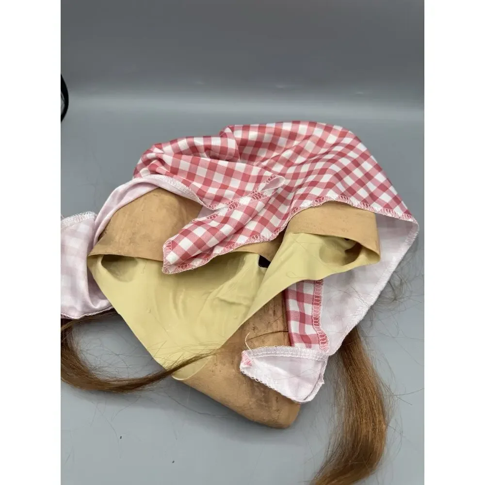 Vintage Old Hag Witch Mask Latex Rubber Gingham Scarf Hair Halloween Creepy